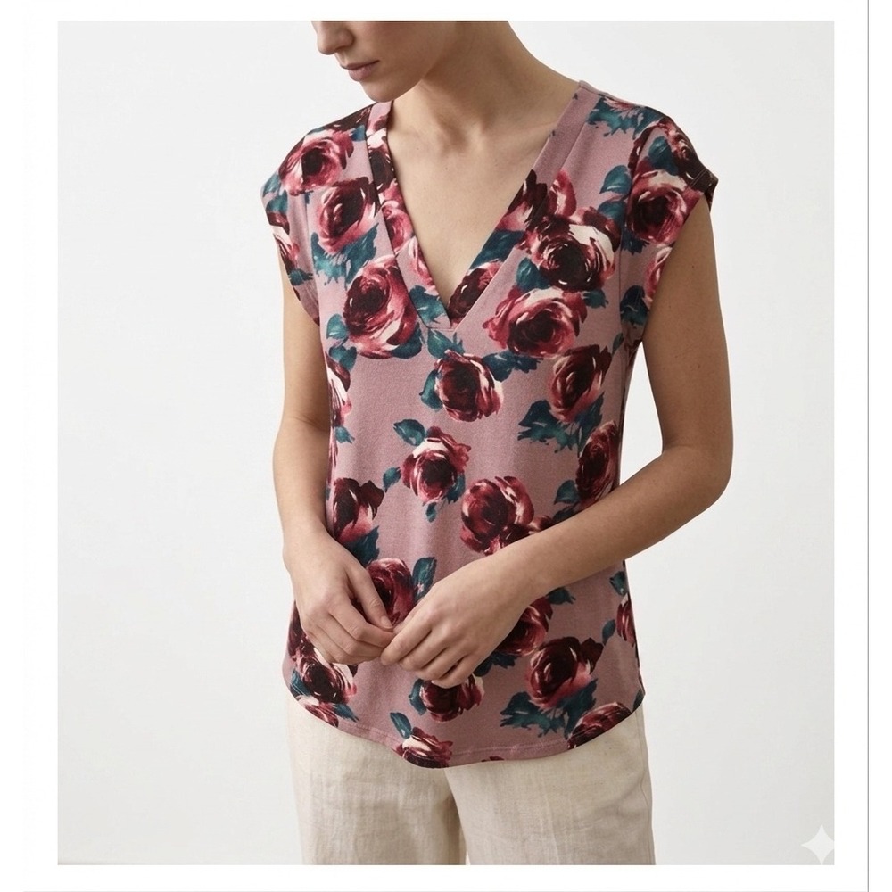 Sweet Rain Women's Medium Floral Rose Print V-Neck Cap Sleeve Blouse Mauve